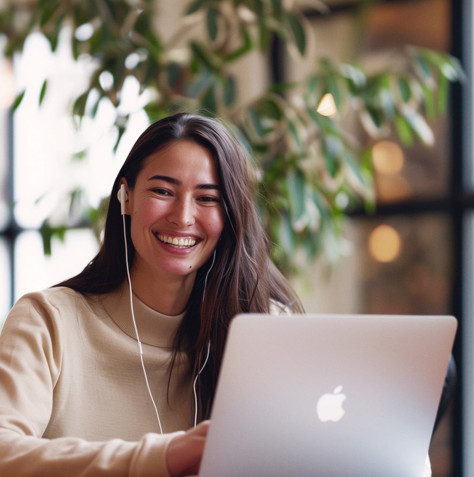 Frau lernt mit MacBook und Headset für flexibles Fernstudium an der KMU Akademie
